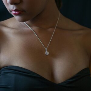 Close-up portrait of a woman wearing a diamond necklace and black dress, embodying elegance and style.