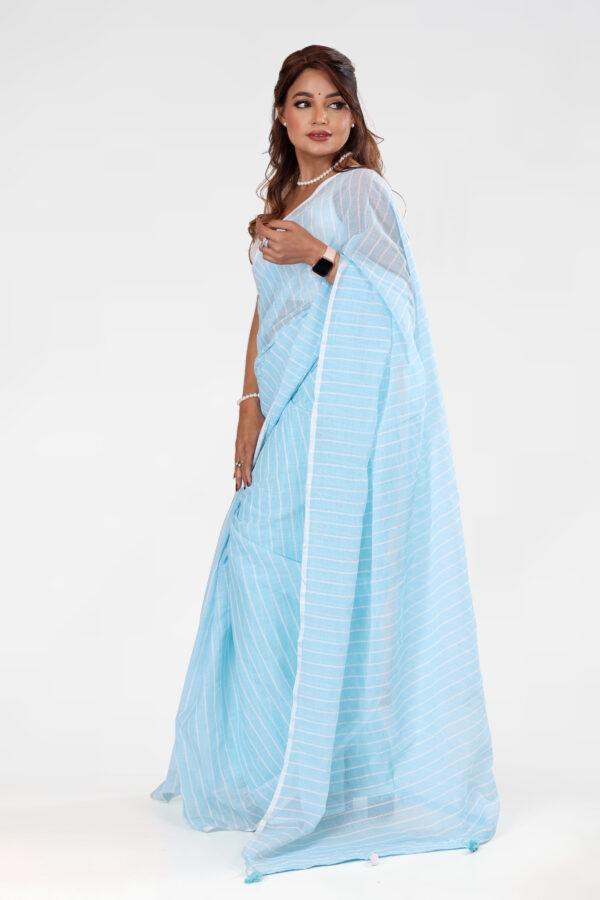 Cotton Stripes Linen Saree with Fancy Tassels & Hakooba Blouse