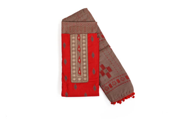 Red & Gray Cotton Dress Material with Threadwork Embroidery – Unstitched Suit Set with Lace Dupatta