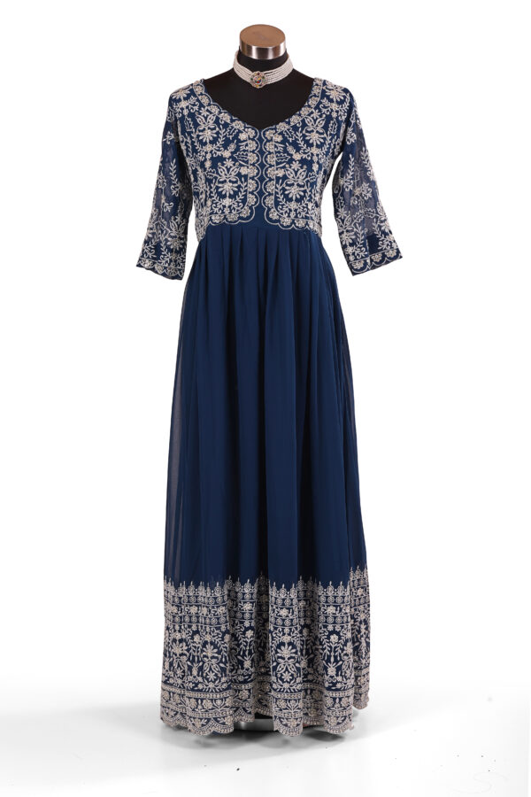 Elegant Chiffon Gown with Embroidered Borders & Dupatta – Long Sleeve Swing Design