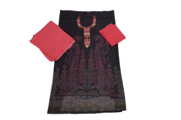 Unstitched Dark Green & Pink Cotton Salwar Suit with Neck Embroidery and Threadwork