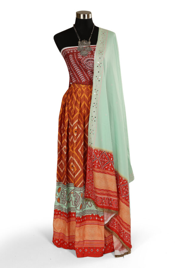 Heavy Printed Lehenga Choli in Butter Silk with Real Mirror Work – Semi-Stitched (Free Size)