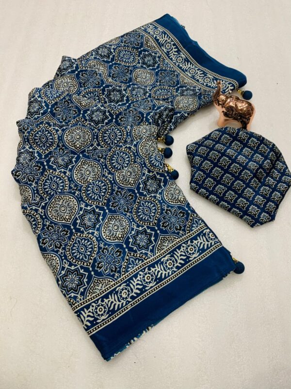 Pure Satin Ajrak Blue Printed Saree
