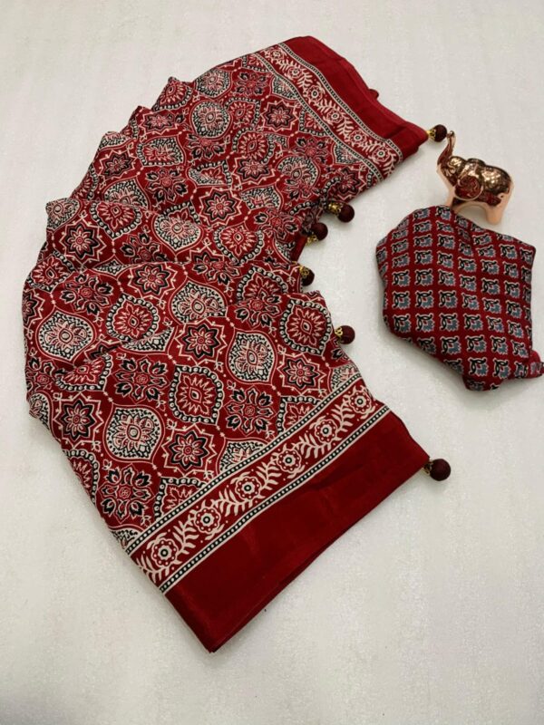 Pure Satin Ajrak Printed Saree Red
