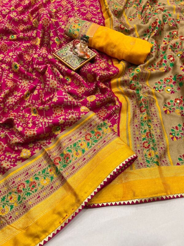 Soft Pashmina Silk Saree – Red with Yellow Patola Border (Mirror Work)