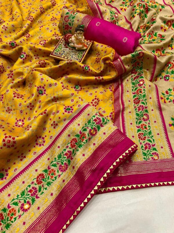 Soft Pashmina Silk Saree – Yellow with Red Patola Border (Mirror Work)